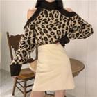 Leopard Off-shoulder Long-sleeve Sweater / Plain Skirt