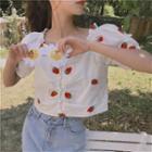 Puff-sleeve Strawberry Print Crop Top White - One Size