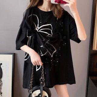 Elbow-sleeve Bow Print Oversized T-shirt