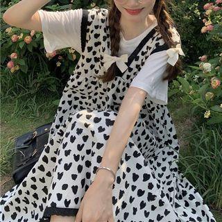 Short-sleeve Plain T-shirt / Heart Print Midi Overall Dress
