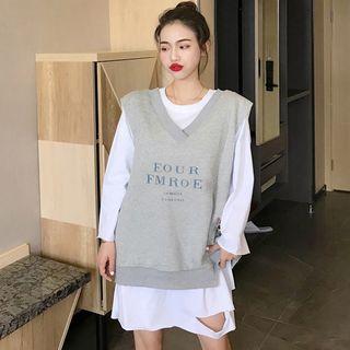 Distressed Long-sleeve T-shirt Dress / Lettering V-neck Vest