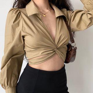 Lantern-sleeve Lapel Plain Lace-up Top