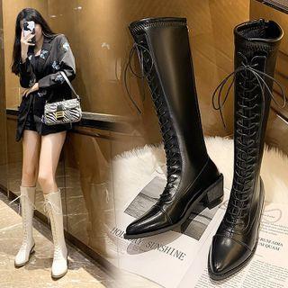 Pointy-toe Chunky-heel Lace-up Tall Boots