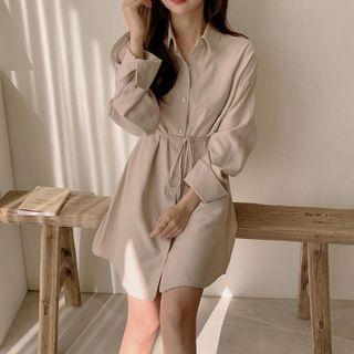 Plain Long-sleeve Shirt Dress / Knit Vest / Set