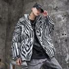 Zebra Print Hooded Padded Zip Jacket