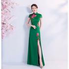 Short-sleeve Paneled Floral Embroidered Maxi Slit Qipao