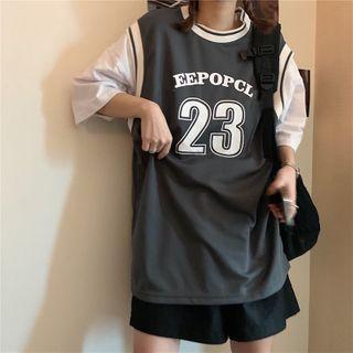 Elbow-sleeve Mock Two Piece Lettering T-shirt