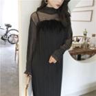 Set: Mock Neck Long Sleeve Mesh Top + Furry Trim Spaghetti Strap Dress