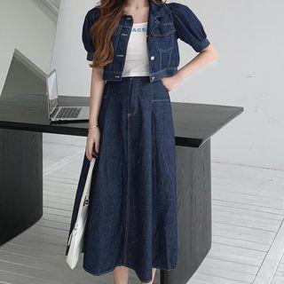 Short-sleeve Denim Crop Shirt / Midi A-line Skirt