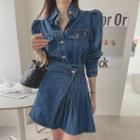 Denim Set: Blouse + Pintuck Wrap Miniskirt Blue - One Size