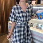 Short Sleeve Plaid V-neck Dress