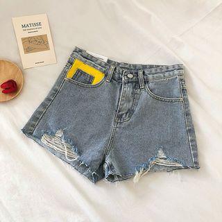 Color-block Lettering Print High-waist Frayed Denim Shorts