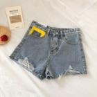 Color-block Lettering Print High-waist Frayed Denim Shorts