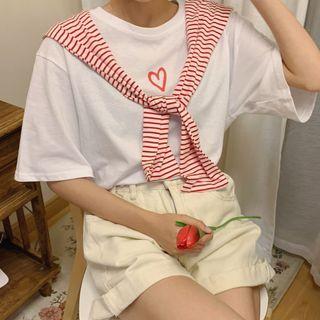 Mock Two-piece Elbow-sleeve Striped Tie-front T-shirt