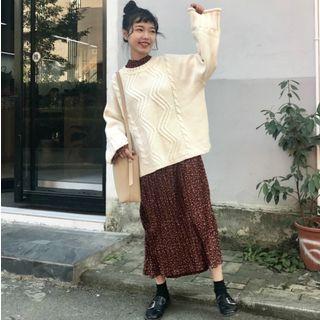 Floral Long-sleeve Midi Pleated Dress