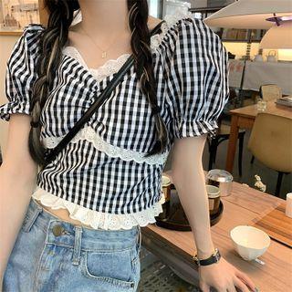 Short-sleeve Plaid Blouse Gingham - Black & White - One Size