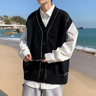 Contrast Stitching Button-up Sweater Vest