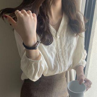 3/4-sleeve Buttoned Bobble Trim V-neck Blouse