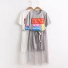 Set: Lettering Applique Short Sleeve T-shirt Dress + Midi Mesh Skirt