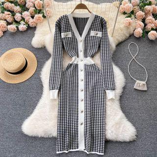 V-neck Color Block Houndstooth Knit Dress