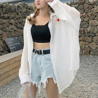 Embroidered Heart Sheer Long-sleeve Blouse