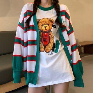 Striped Cardigan / Bear Print T-shirt