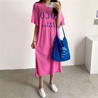 Layered-sleeve Letter Print T-shirt Dress