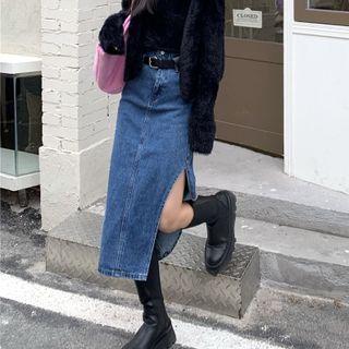 Set: Slit Midi Denim Skirt + Belt Bag