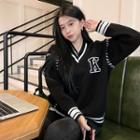 Long-sleeve V-neck Lettering Loose-fit Sweater Black - One Size