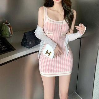 Plain Cardigan / Spaghetti Strap Houndstooth Mini Sheath Dress