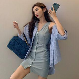 Long-sleeve Plain Shirt / Buttoned Mini Bodycon Tank Dress
