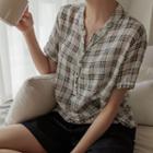Half-placket Tie-hem Plaid Shirt