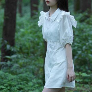 Puff Sleeve Ruffled Plain Mini Shirtdress