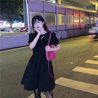 Puff-sleeve Crew Neck Plain A-line Dress Black - One Size