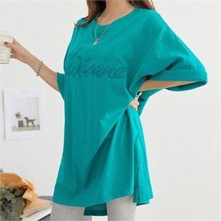 Lettering-embroidered Mini T-shirt Dress