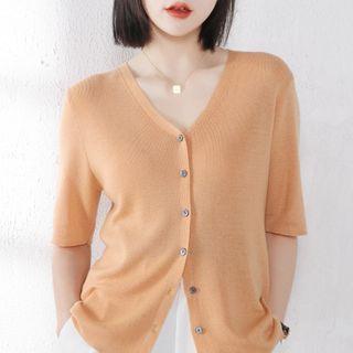 Elbow-sleeve V-neck Knit Cardigan