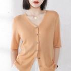 Elbow-sleeve V-neck Knit Cardigan