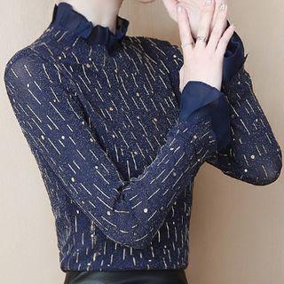 Mock Neck Frilled Trim Printed Top