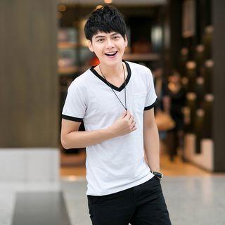 Tipped V-neck Short Sleeve T-shirt