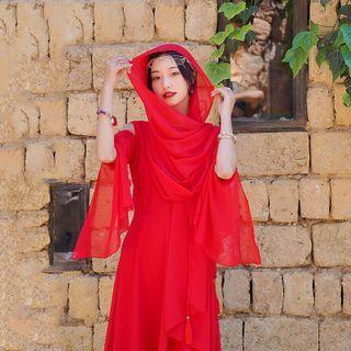 Set: Long-sleeve Cold Shoulder A-line Dress + Scarf
