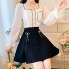 Set: Long-sleeve Lace Blouse + Embellished A-line Mini Skirt