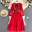 Round-neck Embroidered Fringe Lace-up Strap Puff-sleeve Dress