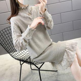 Mock-neck Lace Panel Knit Midi Dress