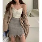 Lace Camisole Top / Cable-knit Open Front Cardigan / Distressed Knit Mini Pencil Skirt