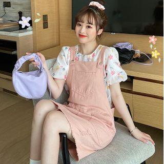 Puff-sleeve Floral Print Top / Frayed Mini Overall Dress