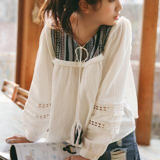 Embroidered Perforated Trim Blouse White - One Size
