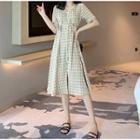 Plaid V-neck Short-sleeve Slim-fit Dress As Figure - One Size