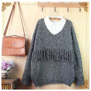 Fringed V-neck Sweater