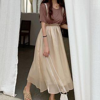 Short-sleeve Plain T-shirt / Ruffle Trim Midi Skirt
