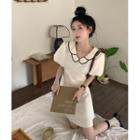 Short-sleeve Color Block Peter Pan Collar Dress White - One Size